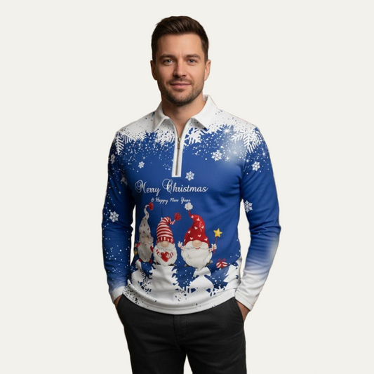 VogeLuxe | Polo de Noël festif pour homme, motif gnome, fermeture éclair 1/4 0