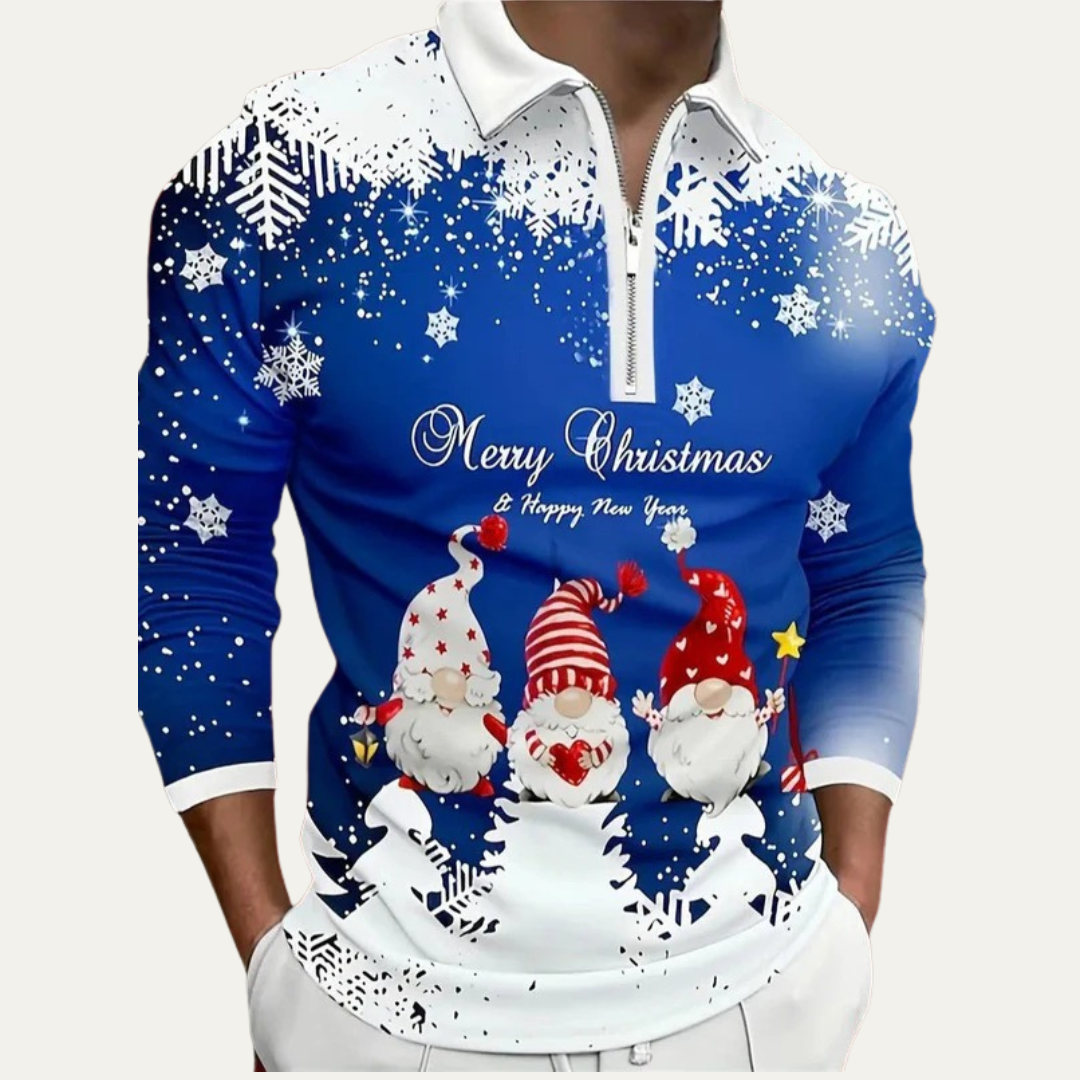VogeLuxe | Polo de Noël festif pour homme, motif gnome, fermeture éclair 1/4 1