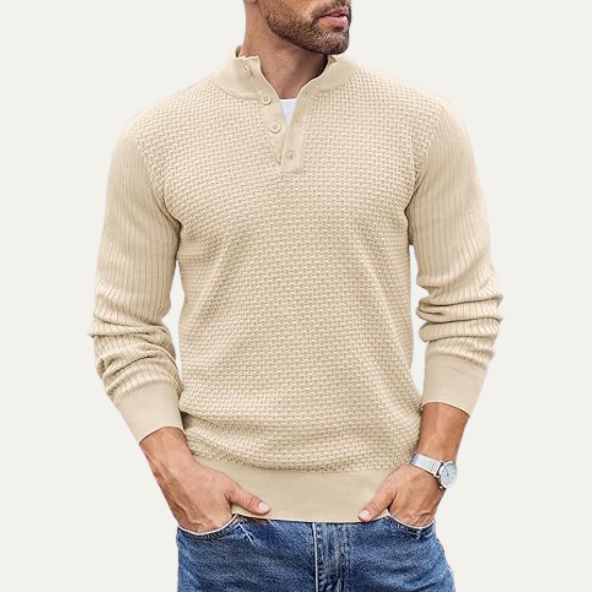 VogeLuxe | Pull Henley côtelé texturé pour homme 0