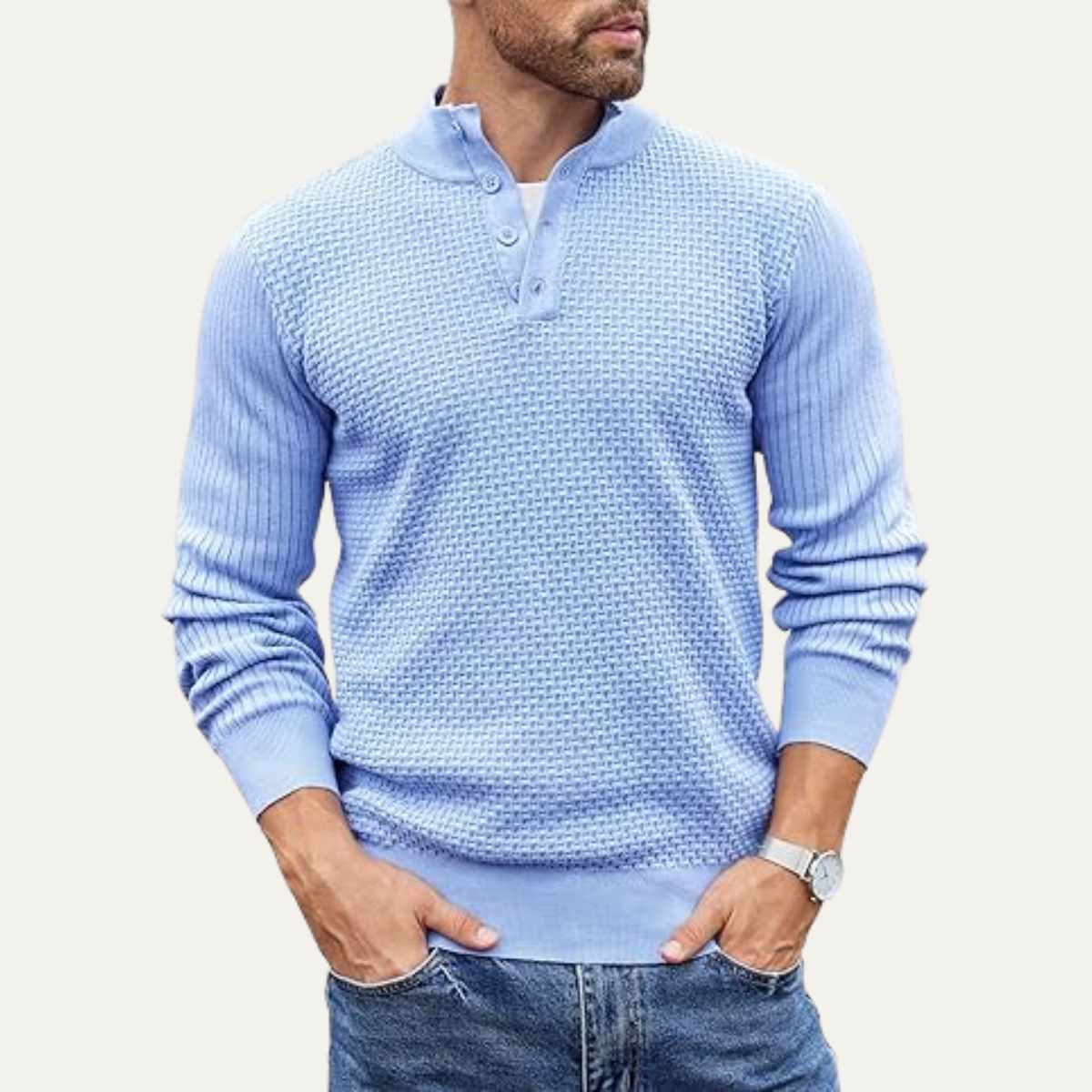 VogeLuxe | Pull Henley côtelé texturé pour homme 6