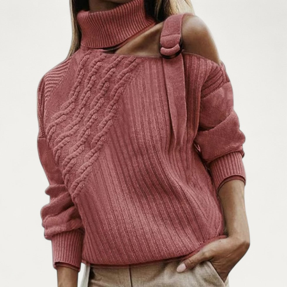 VogeLuxe | Pull à col roulé asymétrique en maille torsadée pour femme 0