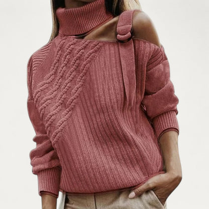 VogeLuxe | Pull à col roulé asymétrique en maille torsadée pour femme 0