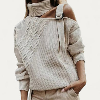 VogeLuxe | Pull à col roulé asymétrique en maille torsadée pour femme 1