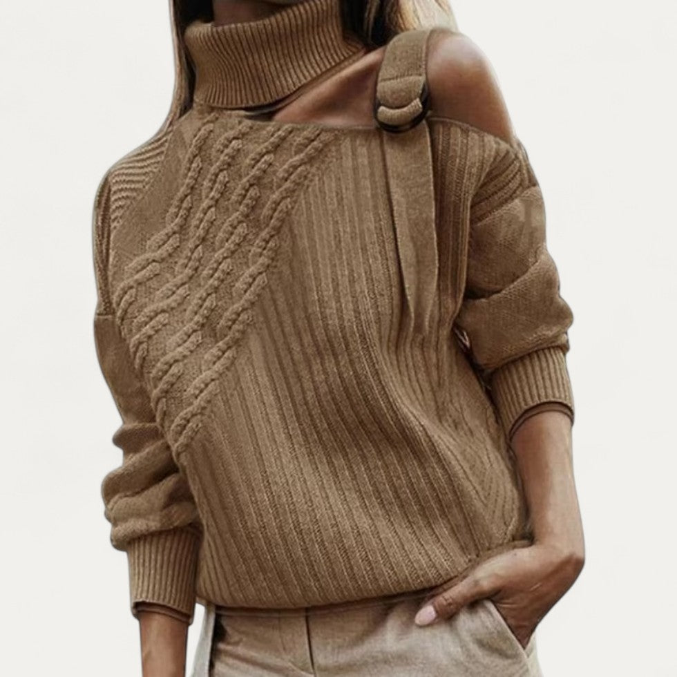 VogeLuxe | Pull à col roulé asymétrique en maille torsadée pour femme 2
