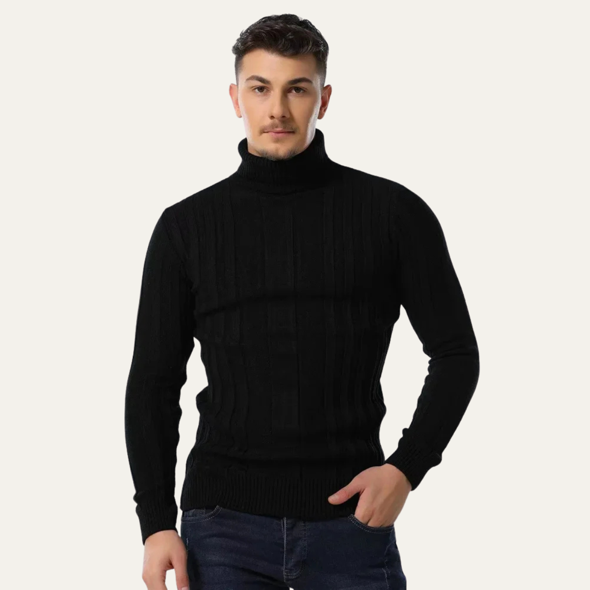 VogeLuxe | Pull à col roulé côtelé vertical pour homme 4