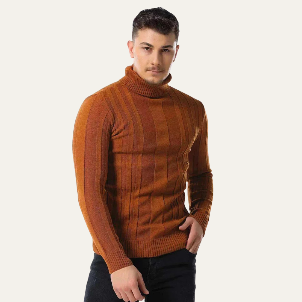 VogeLuxe | Pull à col roulé côtelé vertical pour homme 5