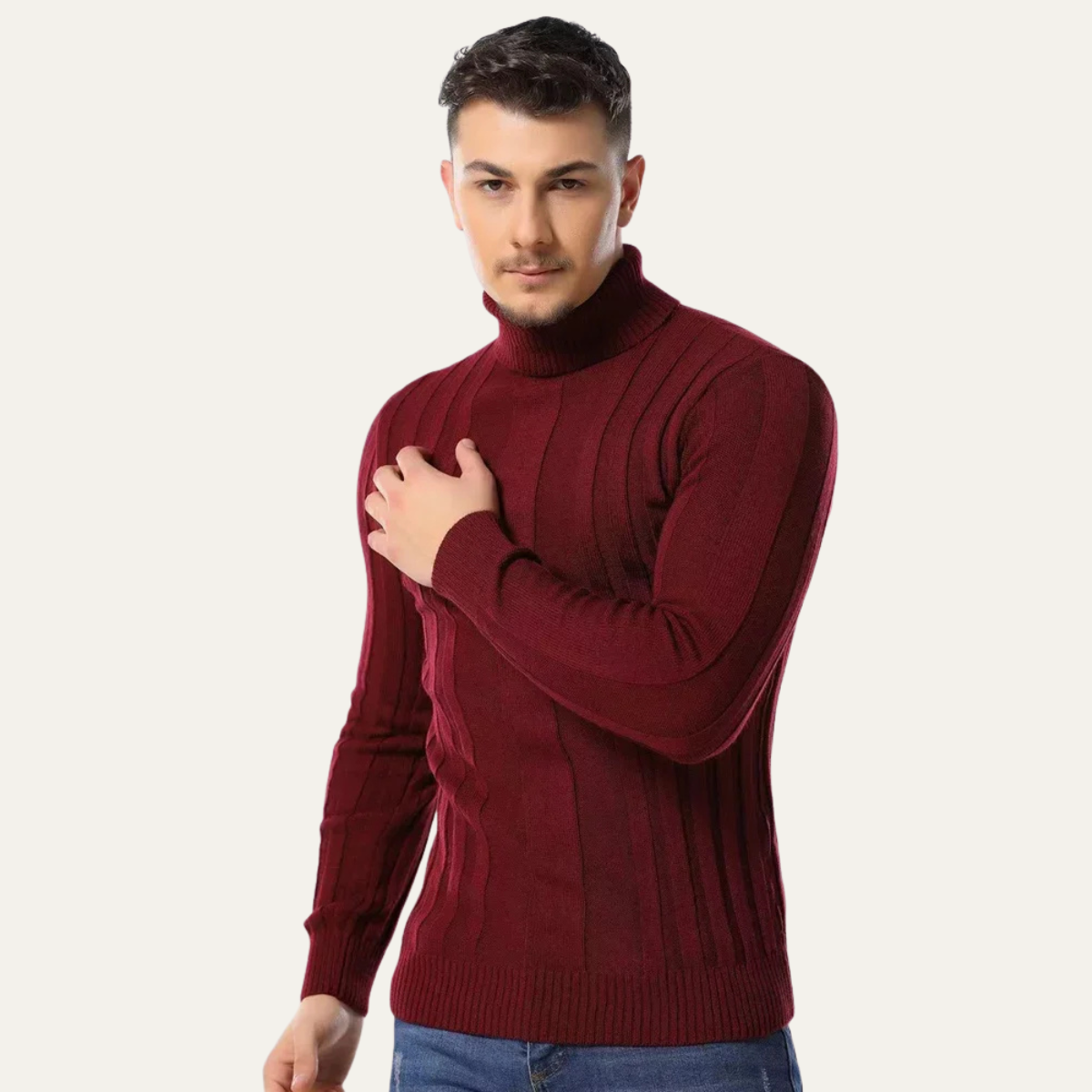 VogeLuxe | Pull à col roulé côtelé vertical pour homme 6