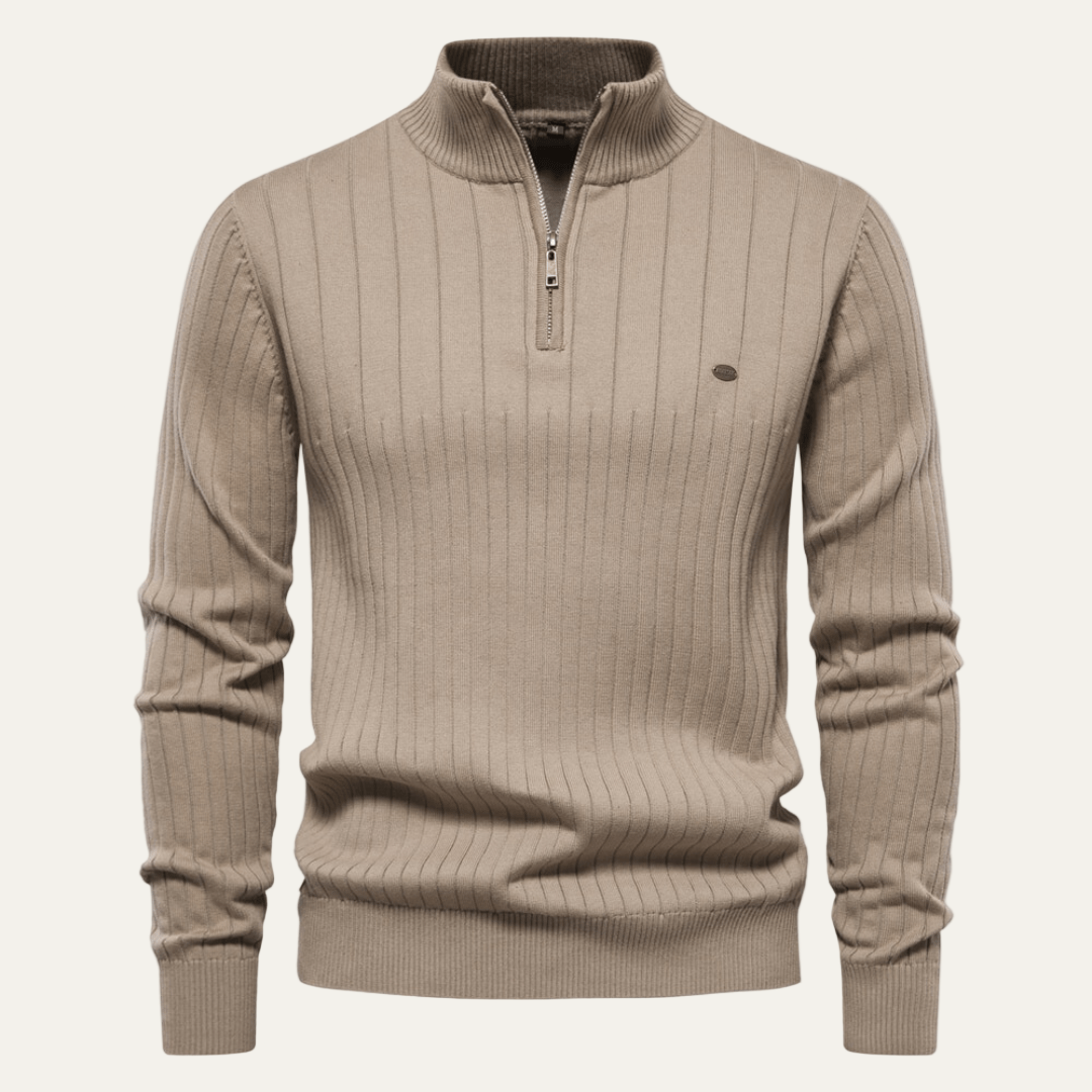 Pull Côtelé à Col Zippé Homme Hiver Chaud