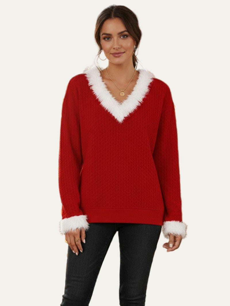 Pull femme col V doux avec bordure fausse fourrure - PanierRoyale