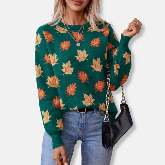 Pull femme col rond imprimé feuilles hiver - PanierRoyale