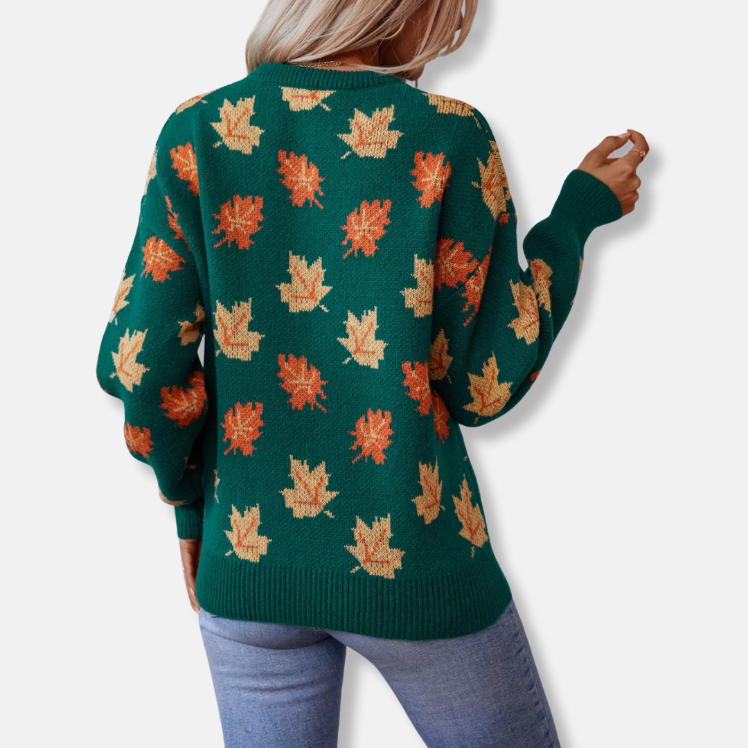 VogeLuxe | Pull col rond jacquard à motif feuilles pour femme 1