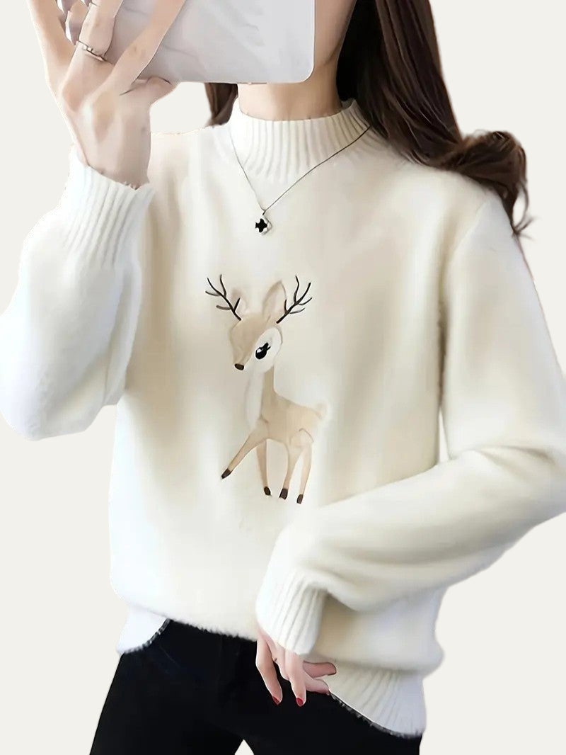 VogeLuxe | Pull col roulé brodé motif cerf pour femme 0