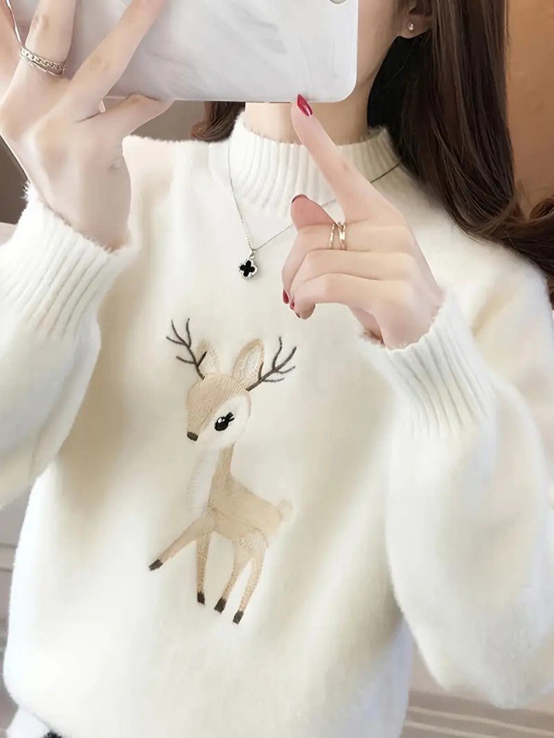 VogeLuxe | Pull col roulé brodé motif cerf pour femme 1