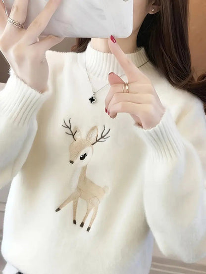 VogeLuxe | Pull col roulé brodé motif cerf pour femme 1