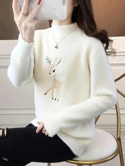 VogeLuxe | Pull col roulé brodé motif cerf pour femme 3