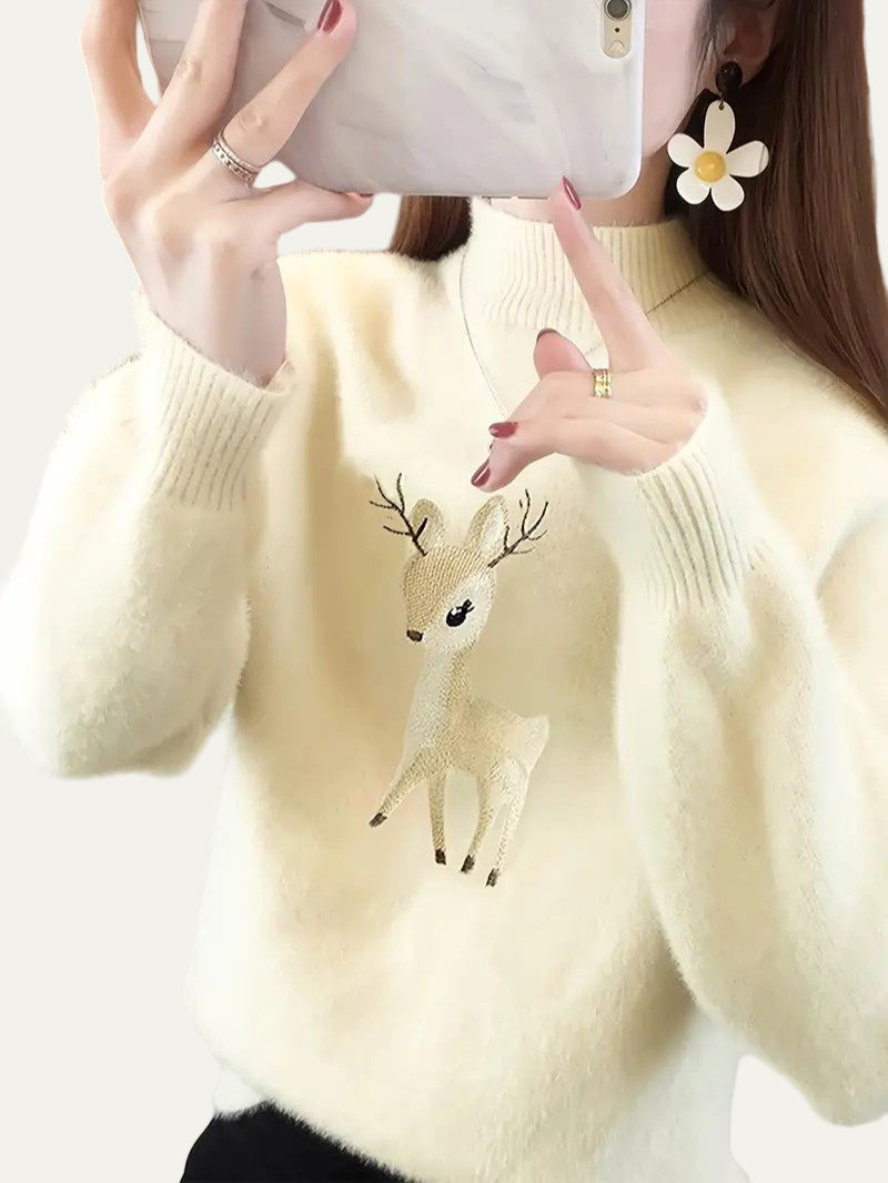 VogeLuxe | Pull col roulé brodé motif cerf pour femme 4
