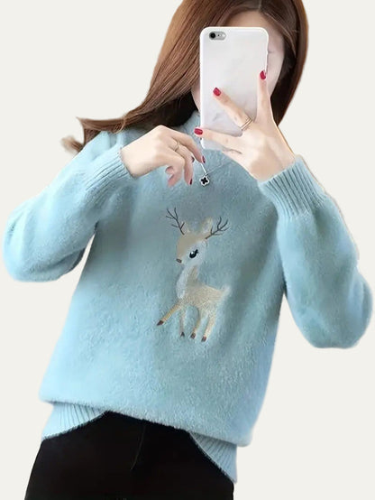 VogeLuxe | Pull col roulé brodé motif cerf pour femme 9