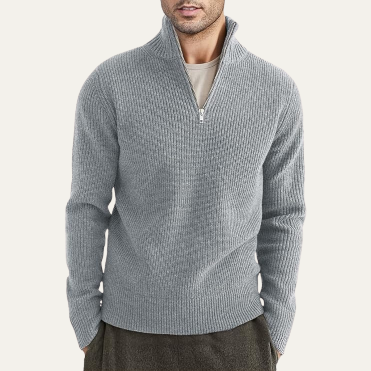 Pull Homme Côtelé Col Zippé Sport