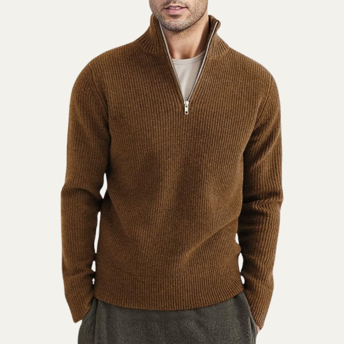 Pull Homme Côtelé Col Zippé Sport