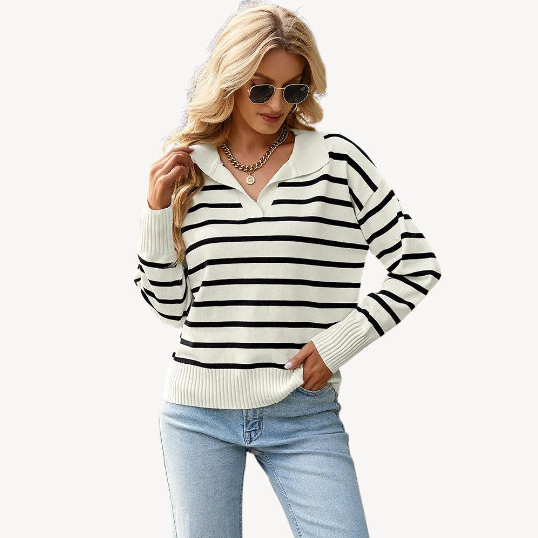 Pull femme rayé col V élégant - PanierRoyale