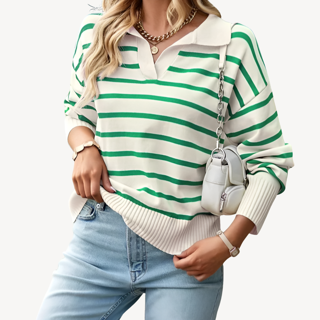 VogeLuxe | Pull polo rayé à col en V pour femme 1