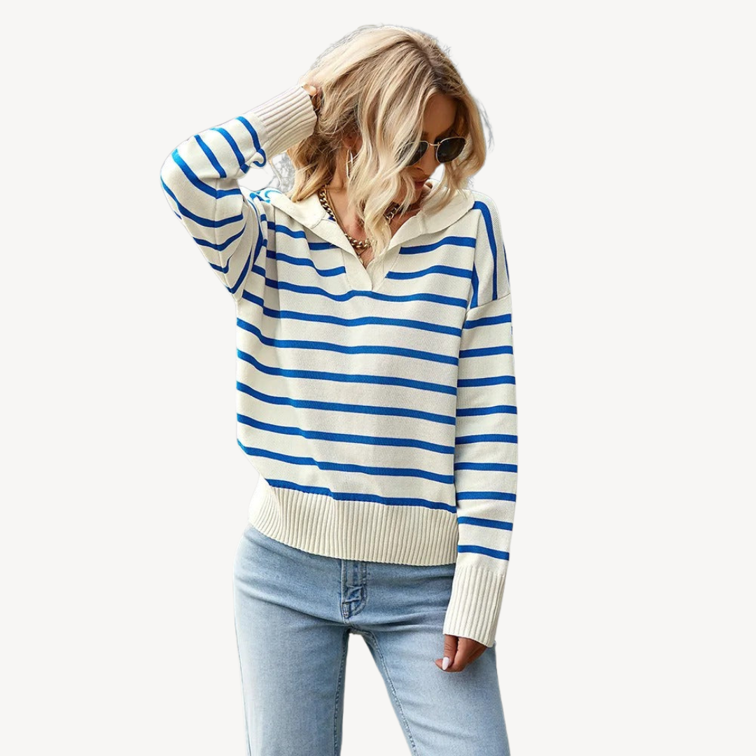 VogeLuxe | Pull polo rayé à col en V pour femme 2