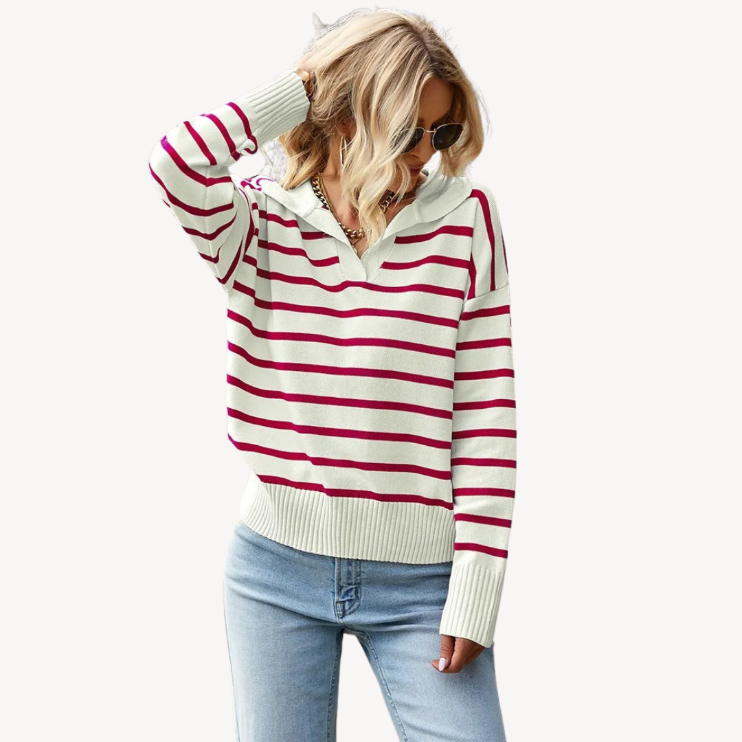 VogeLuxe | Pull polo rayé à col en V pour femme 3