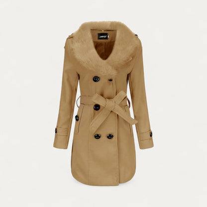 Manteau femme long à col en fausse fourrure douce