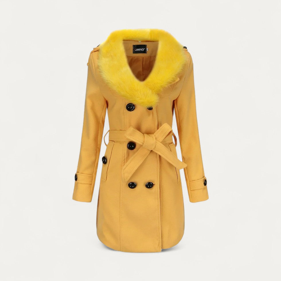 Manteau femme long à col en fausse fourrure douce