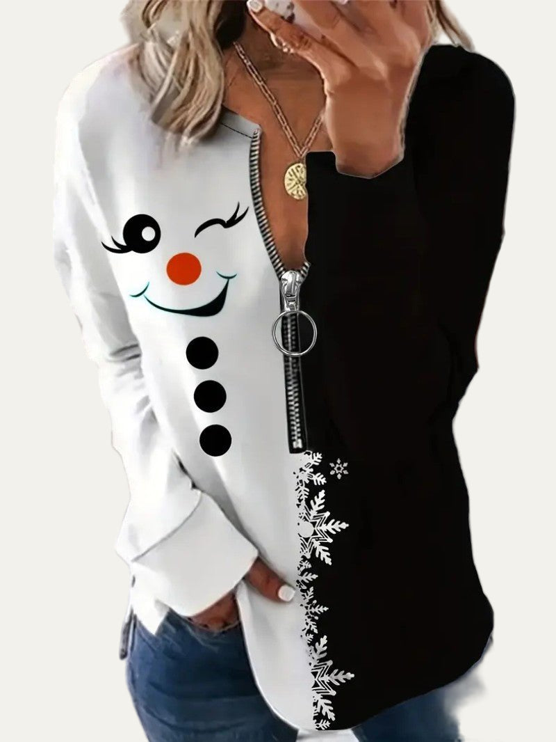 VogeLuxe | Tunique de Noël à demi-zip pour femme, motif bonhomme de neige fendu 1