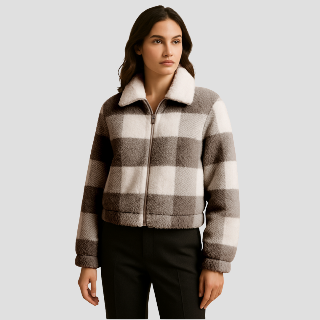 Veste bomber femme courte en faux cuir écossais - PanierRoyale
