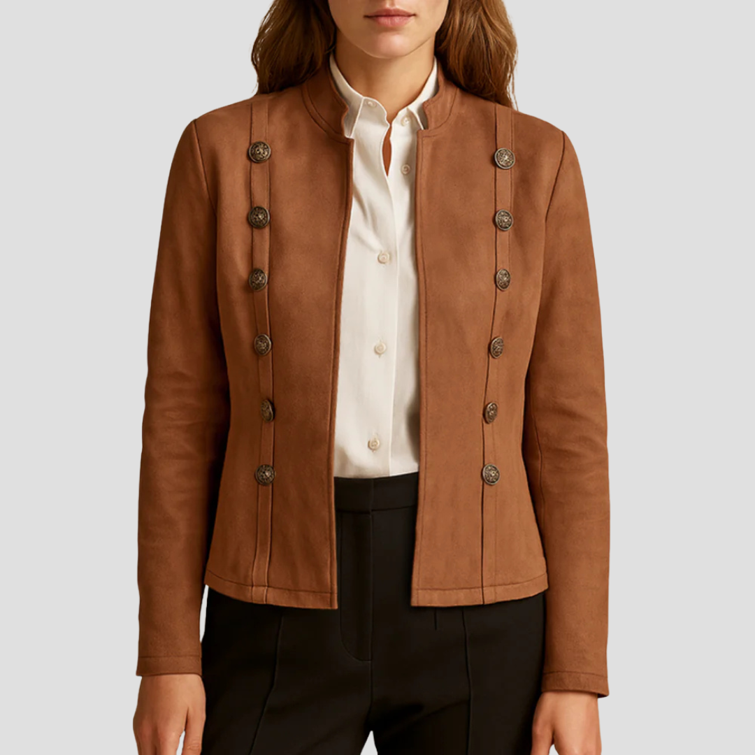 VogeLuxe | Veste boutonnée en daim pour femme, d'inspiration militaire 0