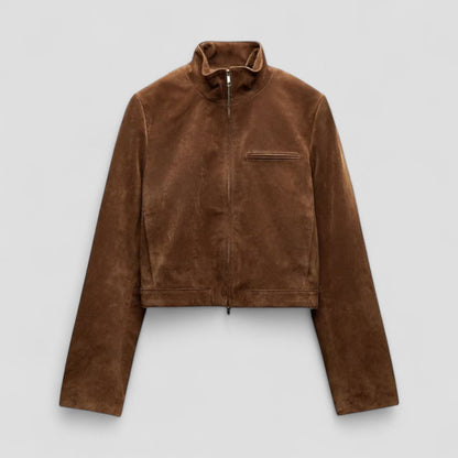 VogeLuxe | Veste courte en daim pour femme avec col montant 0