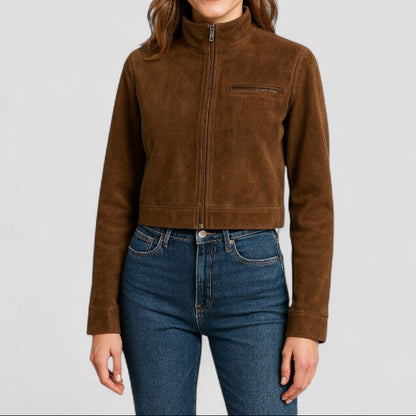 VogeLuxe | Veste courte en daim pour femme avec col montant 1