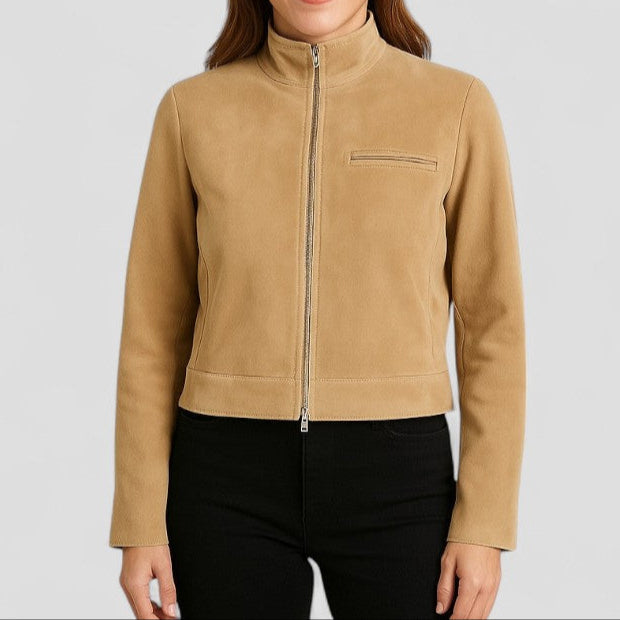 VogeLuxe | Veste courte en daim pour femme avec col montant 4