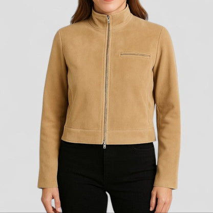 VogeLuxe | Veste courte en daim pour femme avec col montant 4