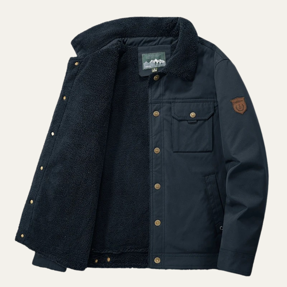 VogeLuxe | Veste décontractée à boutons-pression doublée en sherpa pour homme avec poches 3