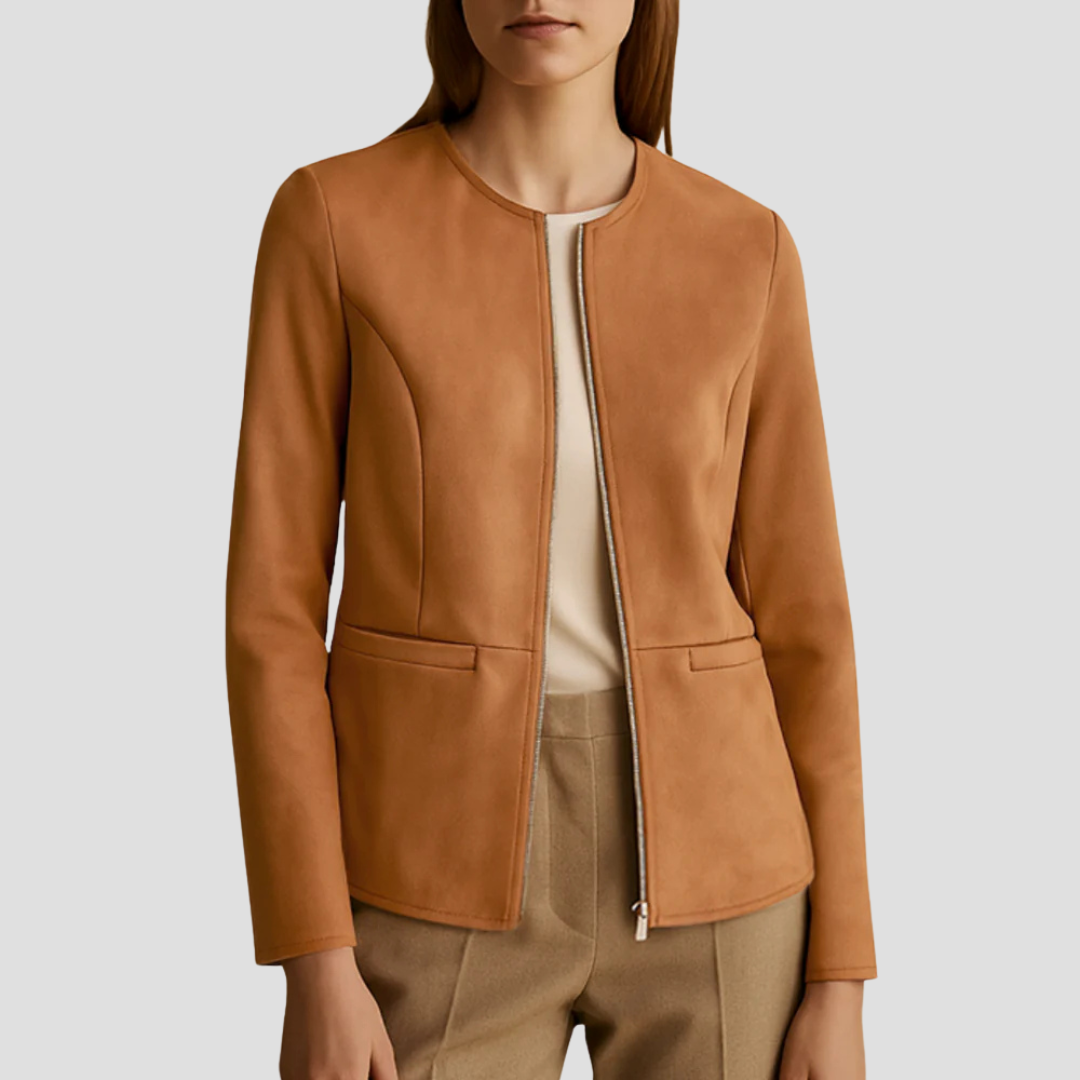 VogeLuxe | Veste zippée minimaliste en daim pour femme 0