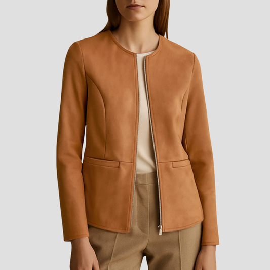 VogeLuxe | Veste zippée minimaliste en daim pour femme 0
