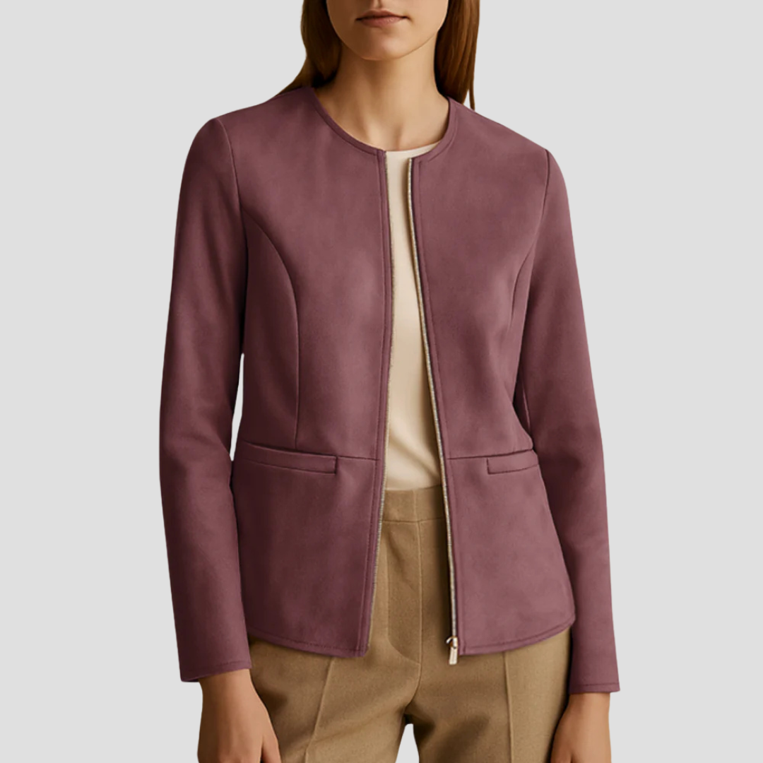 VogeLuxe | Veste zippée minimaliste en daim pour femme 11