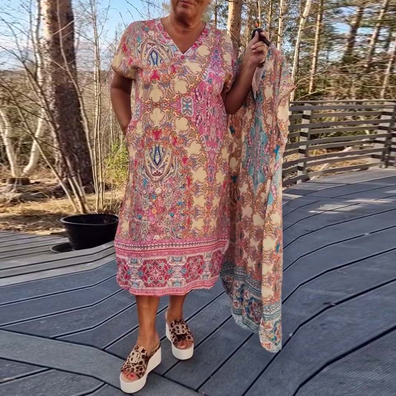 Robe Midi Femme Imprimée Col en V Coupe Droite
