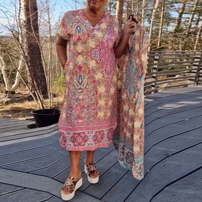 Robe Midi Femme Imprimée Col en V Coupe Droite