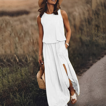 Robe Été Femme Longue sans Manches Décolleté Profond