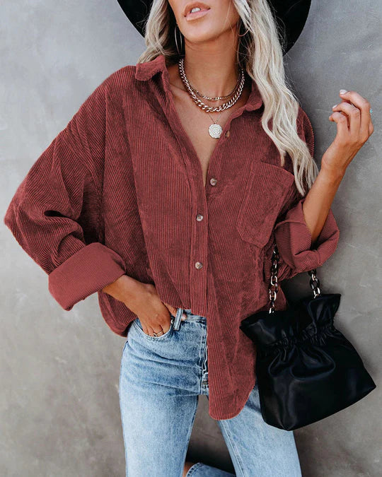 Chemise Féminine Élégante en Velours Doux avec Poche Devant