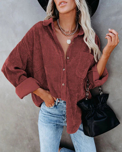 Chemise Féminine Élégante en Velours Doux avec Poche Devant