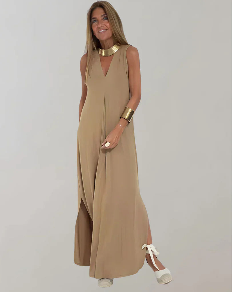 Robe Longue Élégante Plissée Sans Manches pour Femme