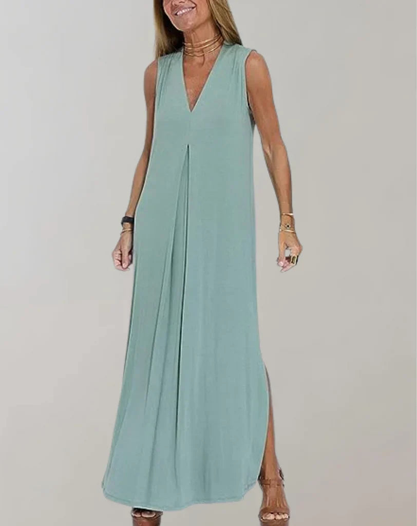 Robe Longue Élégante Plissée Sans Manches pour Femme