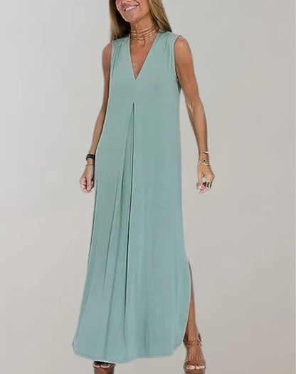 Robe Longue Élégante Plissée Sans Manches pour Femme