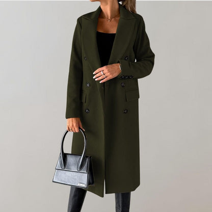 Manteau Long Classique en Laine avec Col Boutonné