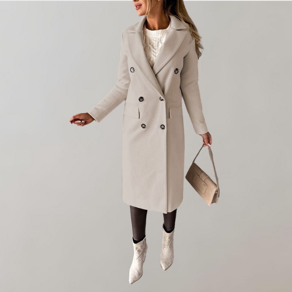 Manteau Long Classique en Laine avec Col Boutonné